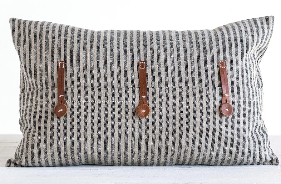 20 Inch Striped Pillow with Leather Detail