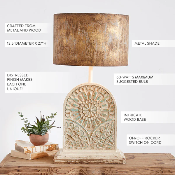 Ornate Wood Table Lamp with Metal Shade