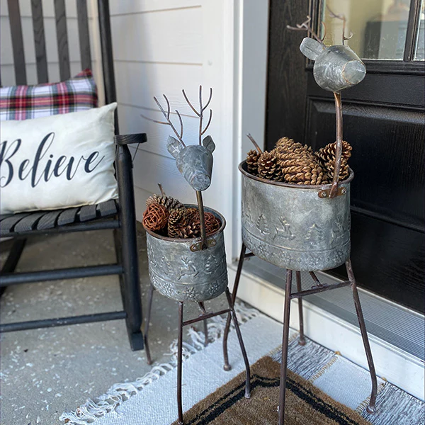 Metal Reindeer Winter Planters, Set of Two