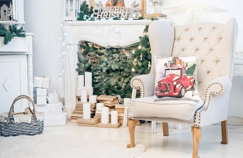 Double Sided Feedsack Red Truck Pillow Cover