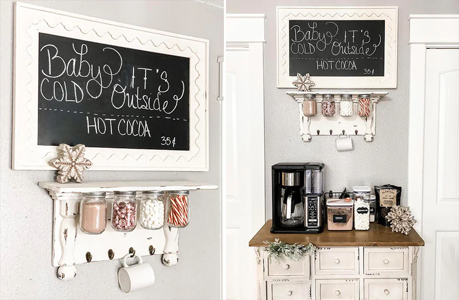 Chippy White Wooden Shelf with Hanging Mason Jars