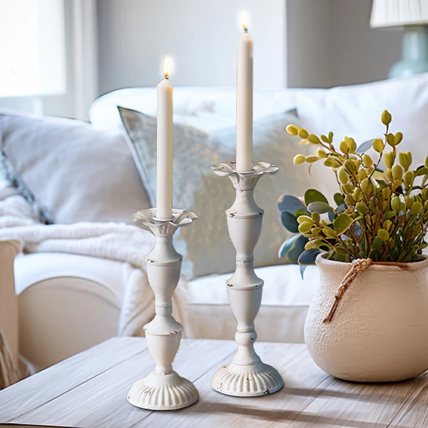 Chippy White Metal Candlesticks, Set of 2