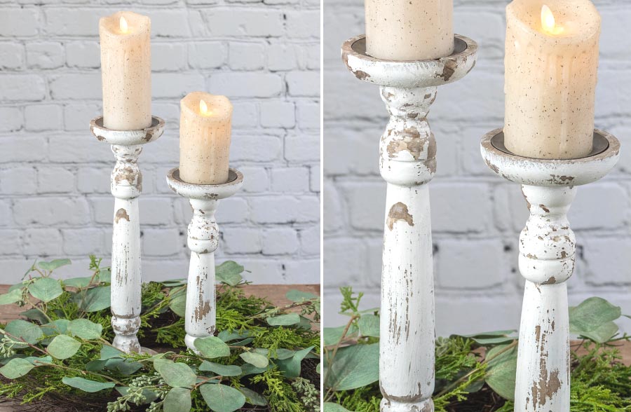 Chippy White Pillar Candle Holders, Set of 2