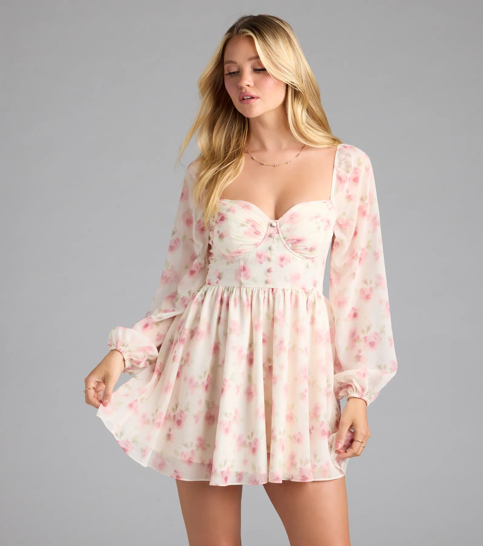 Elevated Outing Floral Long Sleeve Chiffon Skater Dress