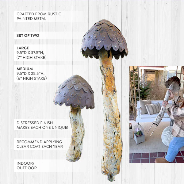37 Inch Gigantic Distressed Metal Mushroom Yard Stakes, Set of 2