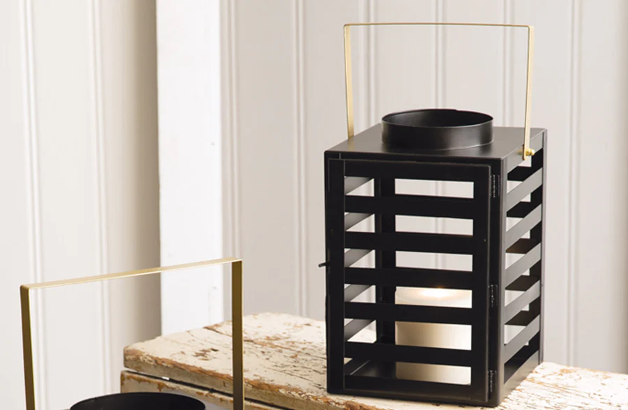 Black Caged Lanterns with Gold Handles, Set of 2