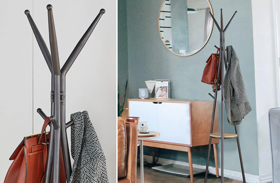 6 Foot Tall Metal Coat Tree with Wooden Shelf