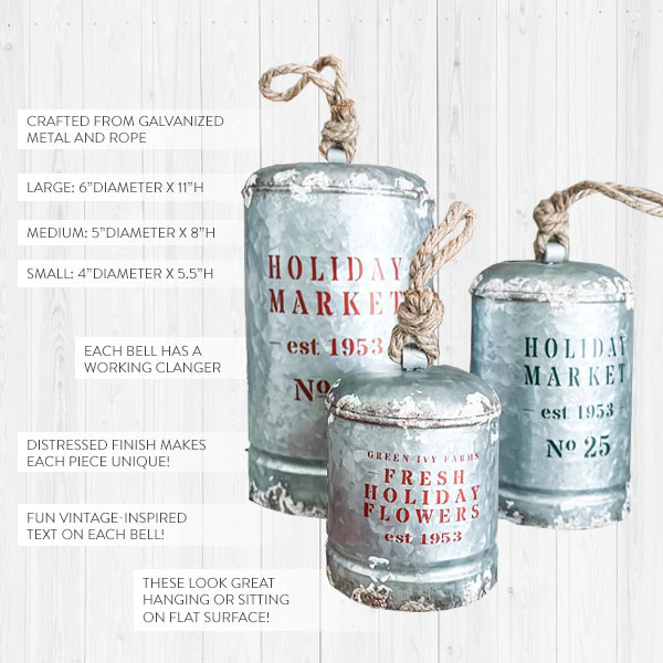 Oversized Holiday Market Cowbells, Set of 3