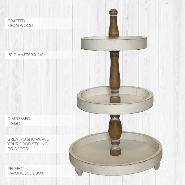 Distressed White Wood Tiered Tray