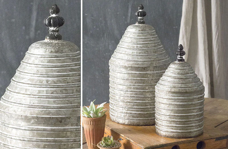 Galvanized Metal Ribbed Canisters  Set of 2