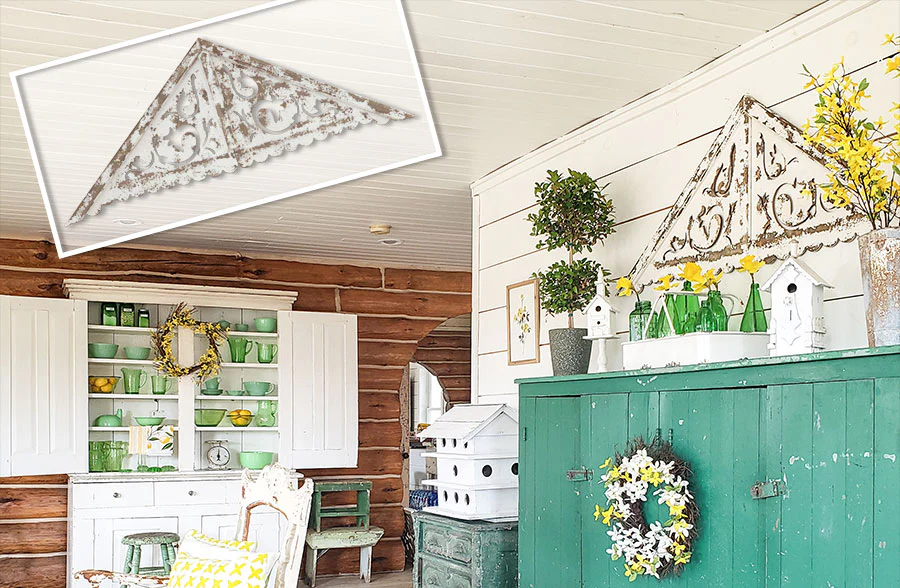 HUGE Distressed White Wood Wall Gable