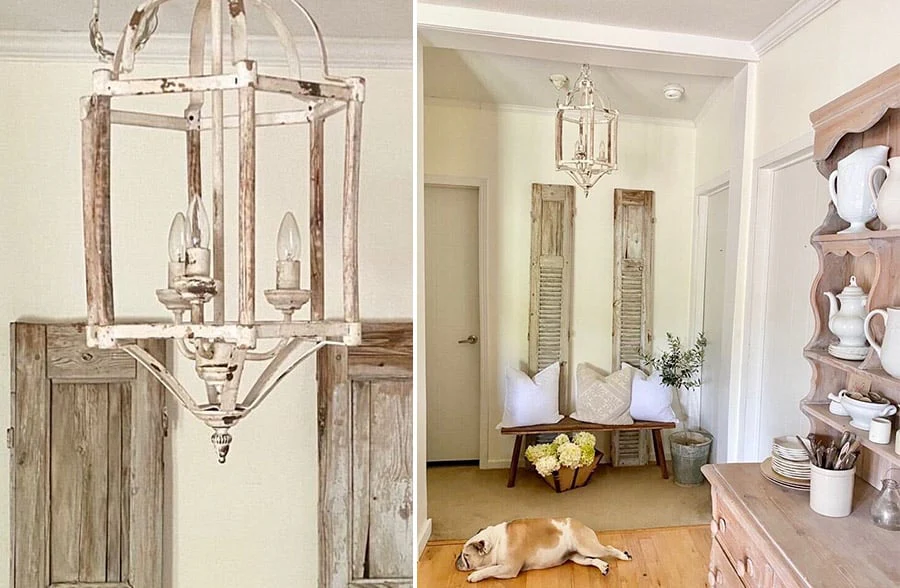 Chippy White Metal and Wood Chandelier