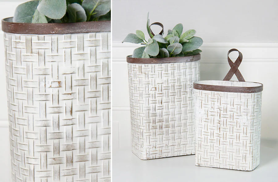 Whitewashed Woven Metal Hanging Baskets, Set of 2