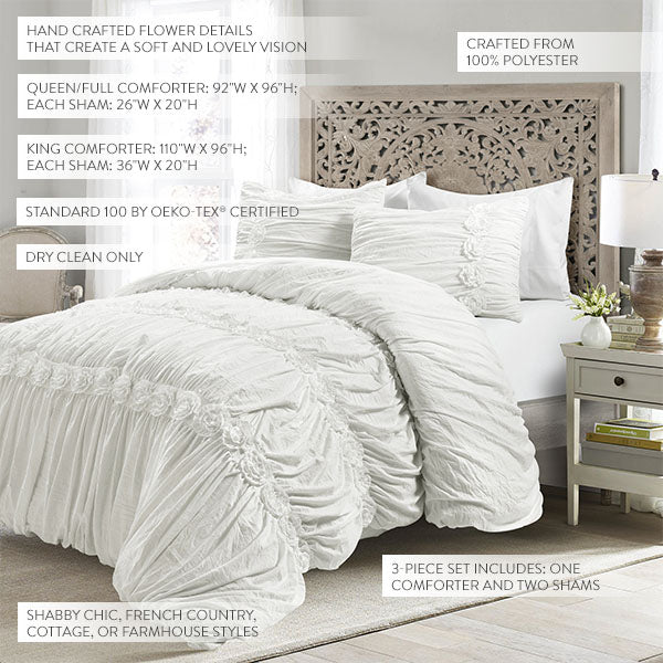 White Ruched Comforter with Flower Detail 3 Piece Set, Pick Your Size