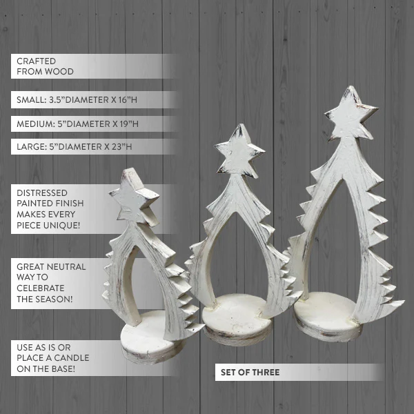 Wood Carved Tree Candle Holders, Set of 3