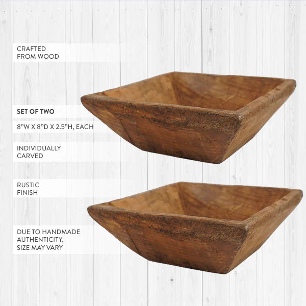 Square Wooden Dough Bowls, Set of 2