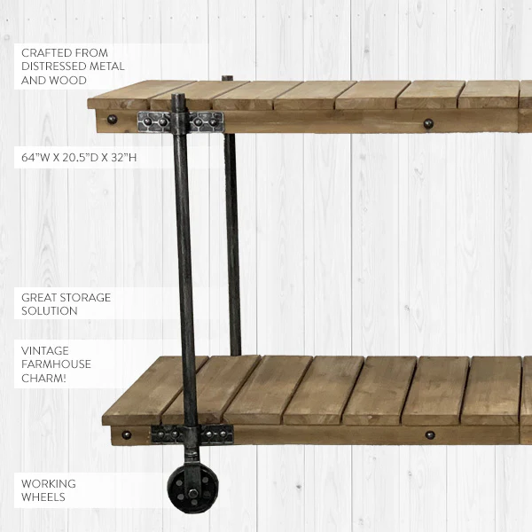 64 Inch Long Wooden Rolling Media Console Table