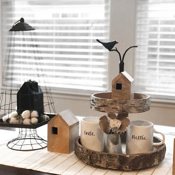 Bird and Birch Wood Two Tiered Tray