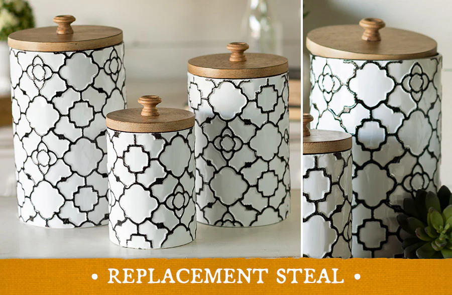 Embossed Patterned Canisters with Wooden Lids, Set of 3
