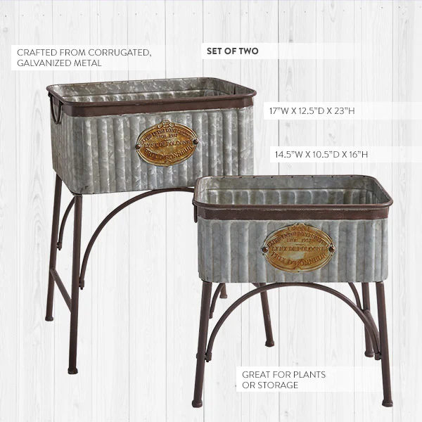 Farmhouse Galvanized Metal Planters with Stands, Set of 2
