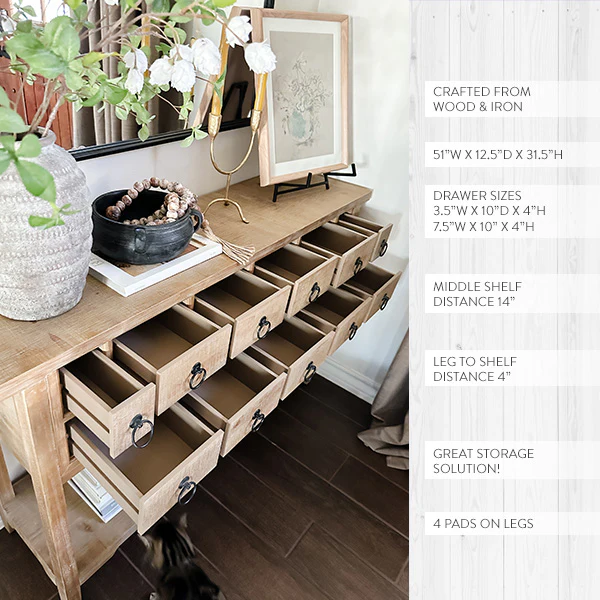 Antique Inspired Apothecary Console Table with Storage