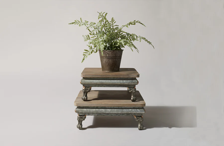 Galvanized Metal and Wooden Pedestal Risers, Set of 2