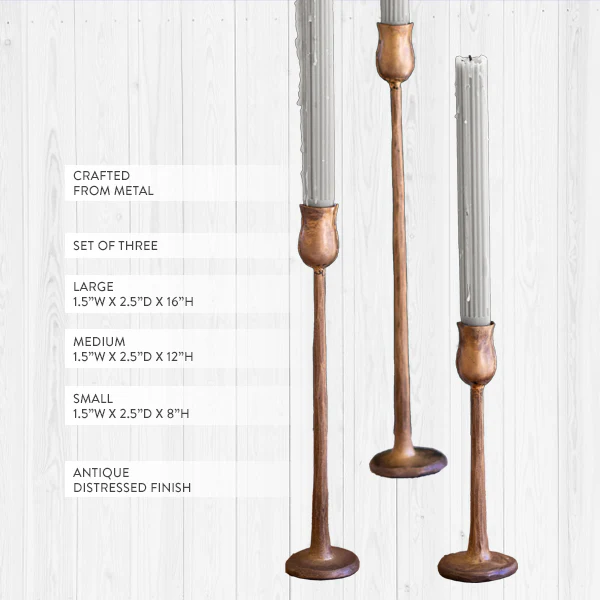 Antique Brass Metal Taper Candle Holders, Set of 3