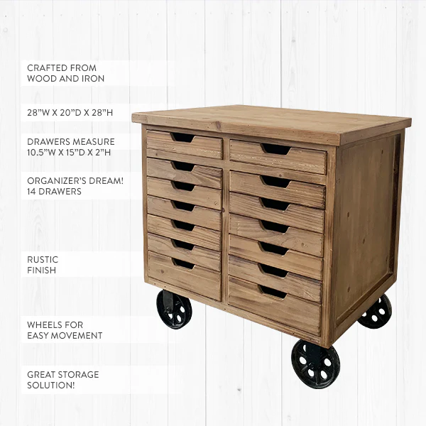 Rustic Rolling Wooden Cabinet with Drawers