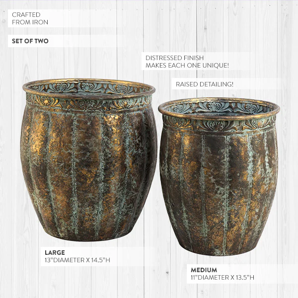 Large Flower Planters with Aged Patina, Set of 2