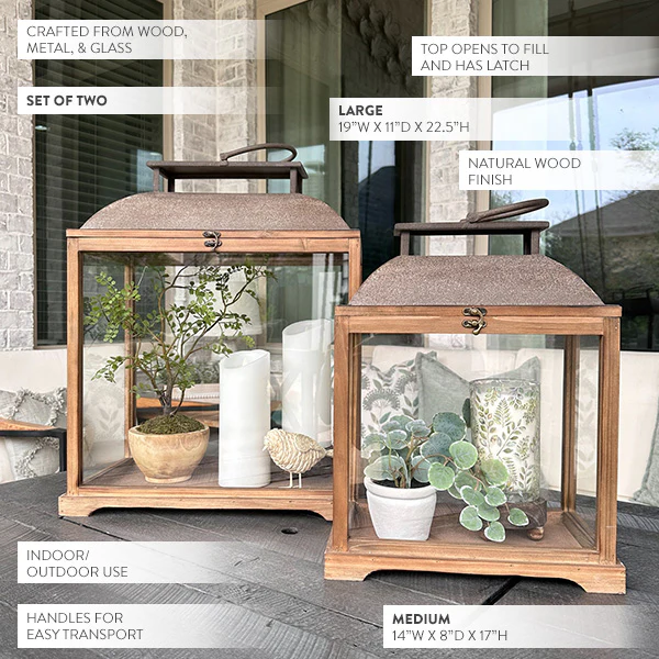 Large Metal and Wooden Candle Lanterns, Set of 2