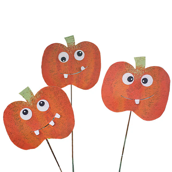 Painted Metal Jack-O-Lantern Yard Stakes, Set of 3