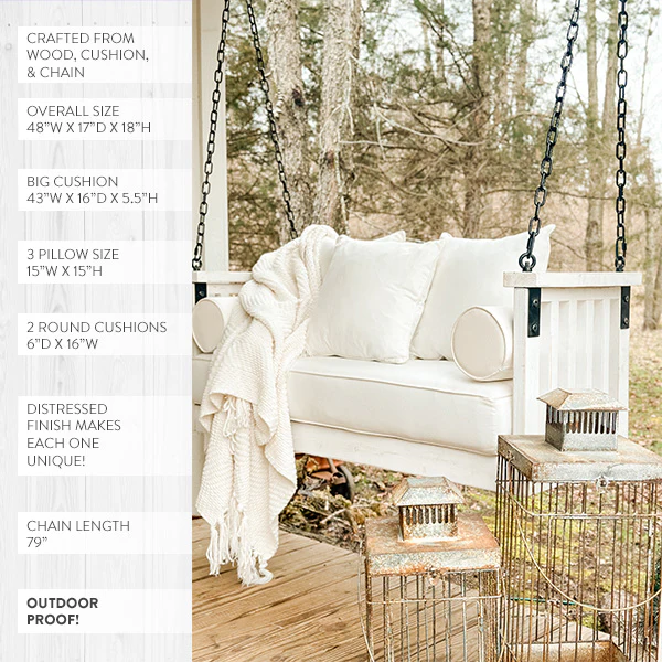 Sunday Wooden Porch Swing with Pillows and Cushions