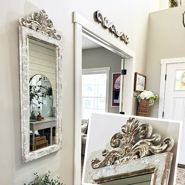 Hand-Carved Distressed Wooden Ornate Mirror