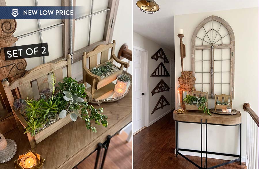 Wooden Cottage Bench Planters, Set of 2