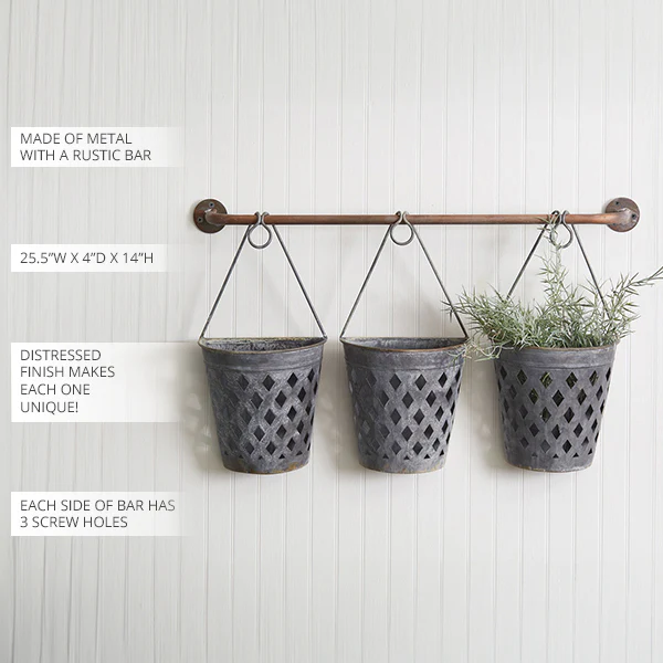 Half Round Open Weave Metal Wall Buckets, Set of Three