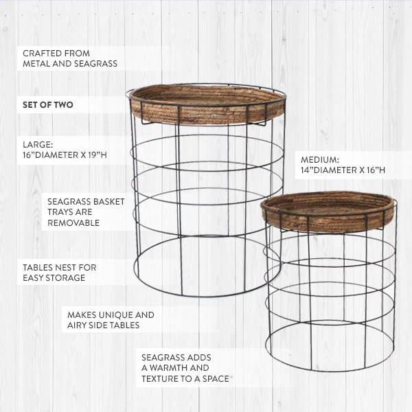 Metal End Tables with Seagrass Trays, Set of 2