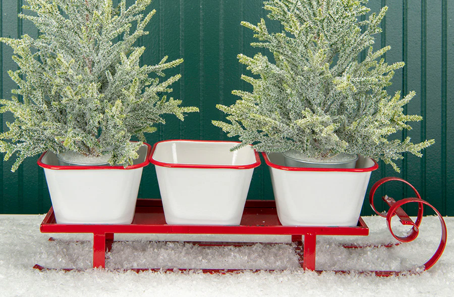 Enamel Planters With Red Santa Sleigh
