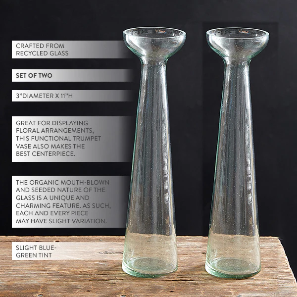 Recycled Glass Trumpet Vases, Set of 2