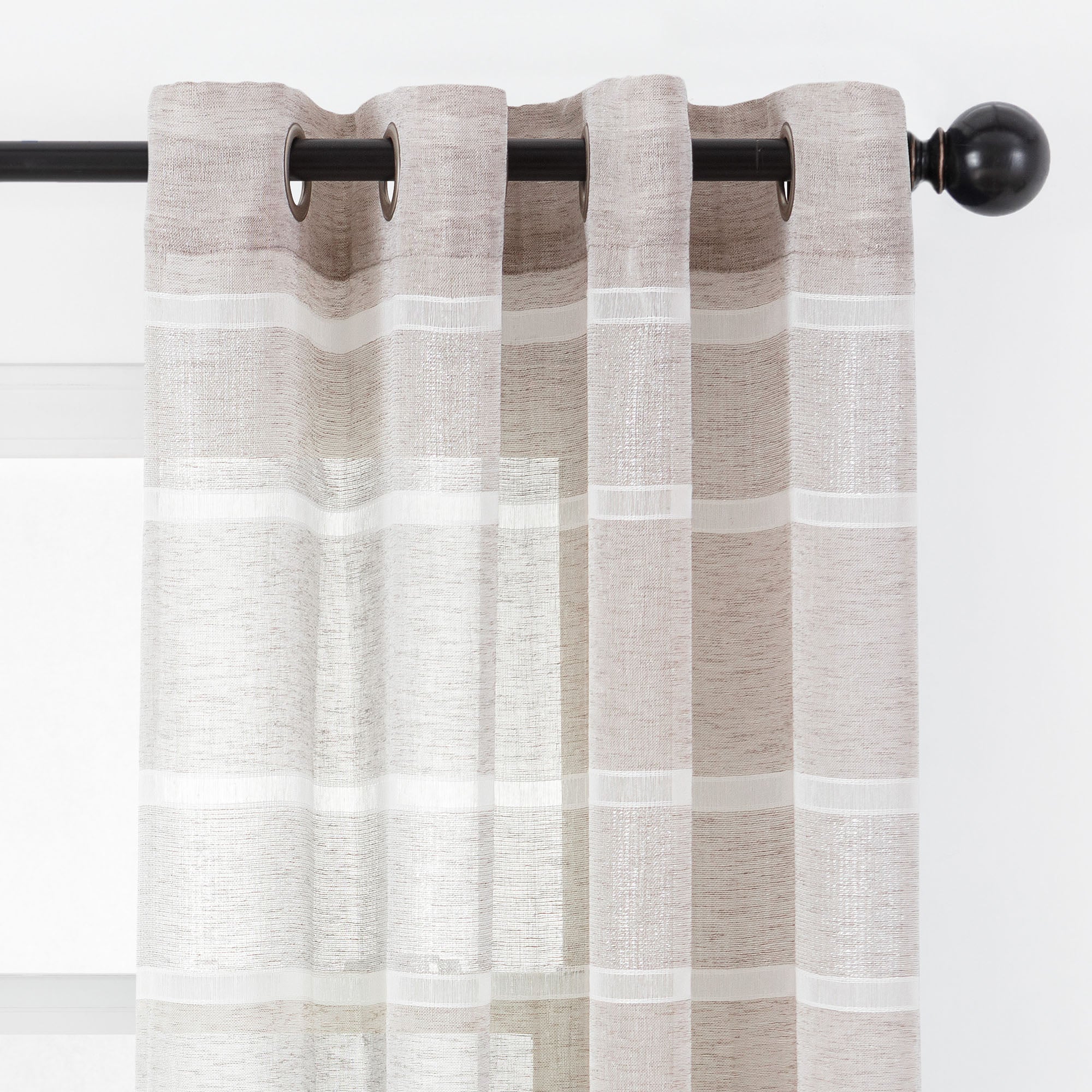 Shimmer Stripe Faux Linen Sheer Grommet Curtains