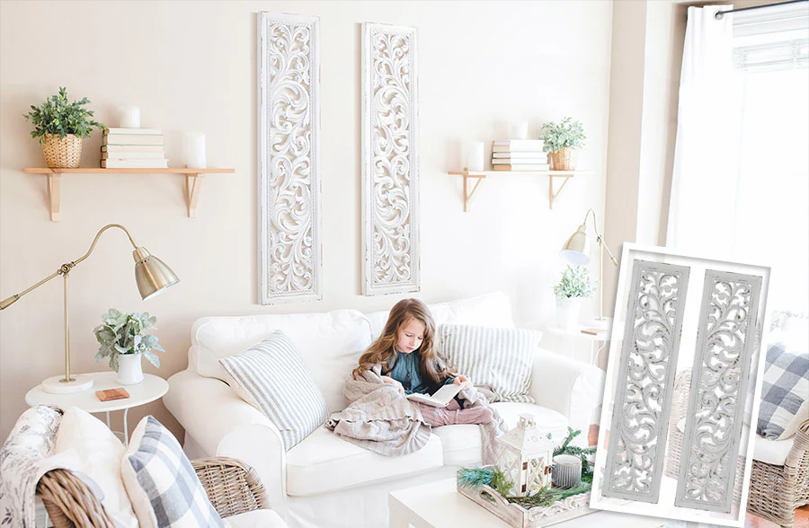 50 Inch Chippy White Carved Acanthus Wall Panels, Set of 2