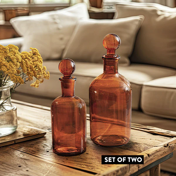 Amber Apothecary Glass Bottles with Stoppers, Set of Two