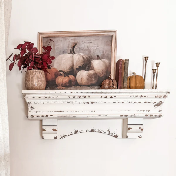 Distressed White Wooden Mantel Shelf