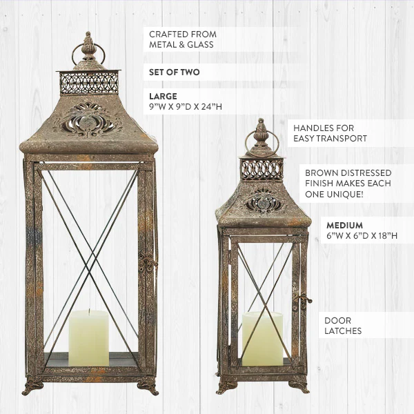 Rustic Distressed Metal and Glass Lanterns, Set of Two