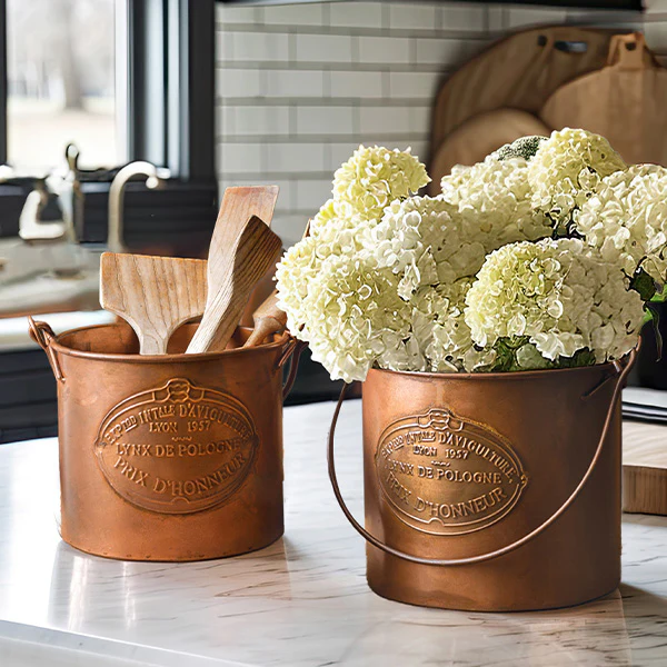 French Copper Finish Farming Buckets, Set of 2