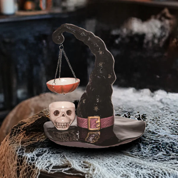 Halloween Witch Hat with Skull Candle Holder