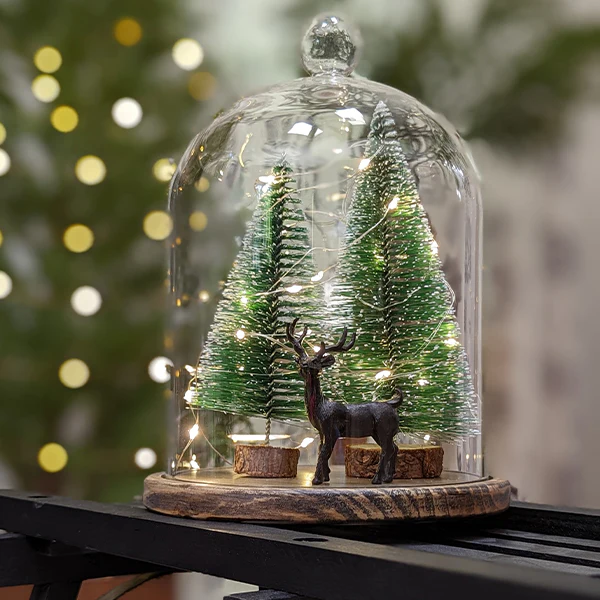 Wooden Base Cloche with Winter Scene