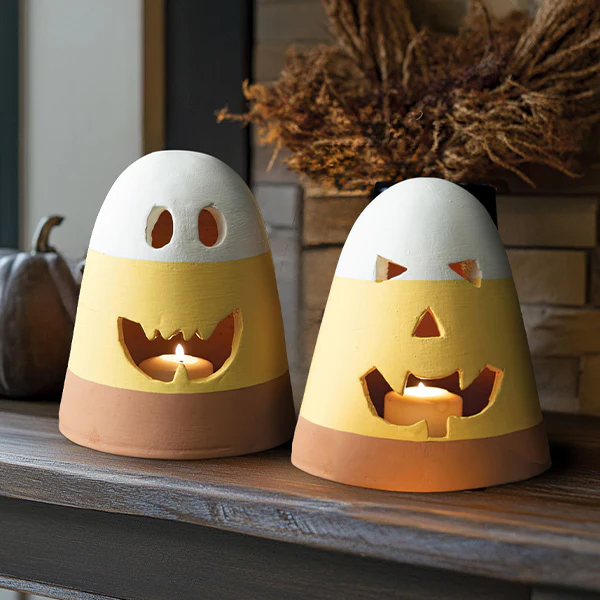 Terra Cotta Candy Corn Luminaries, Set of Two
