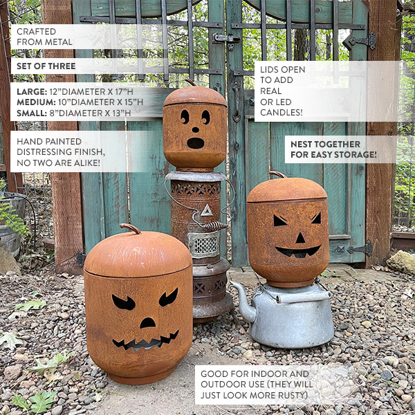 Distressed Metal Jack-O-Lanterns, Set of 3
