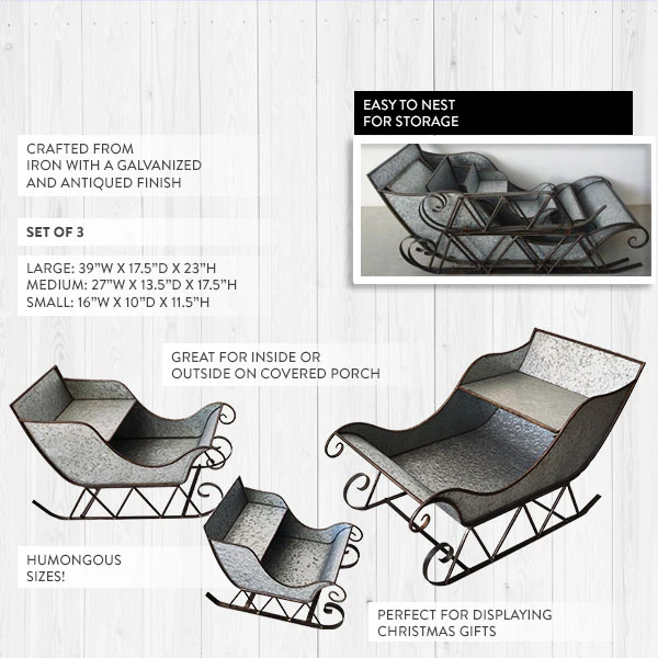 HUMONGOUS Galvanized Metal Christmas Sleighs, Set of 3