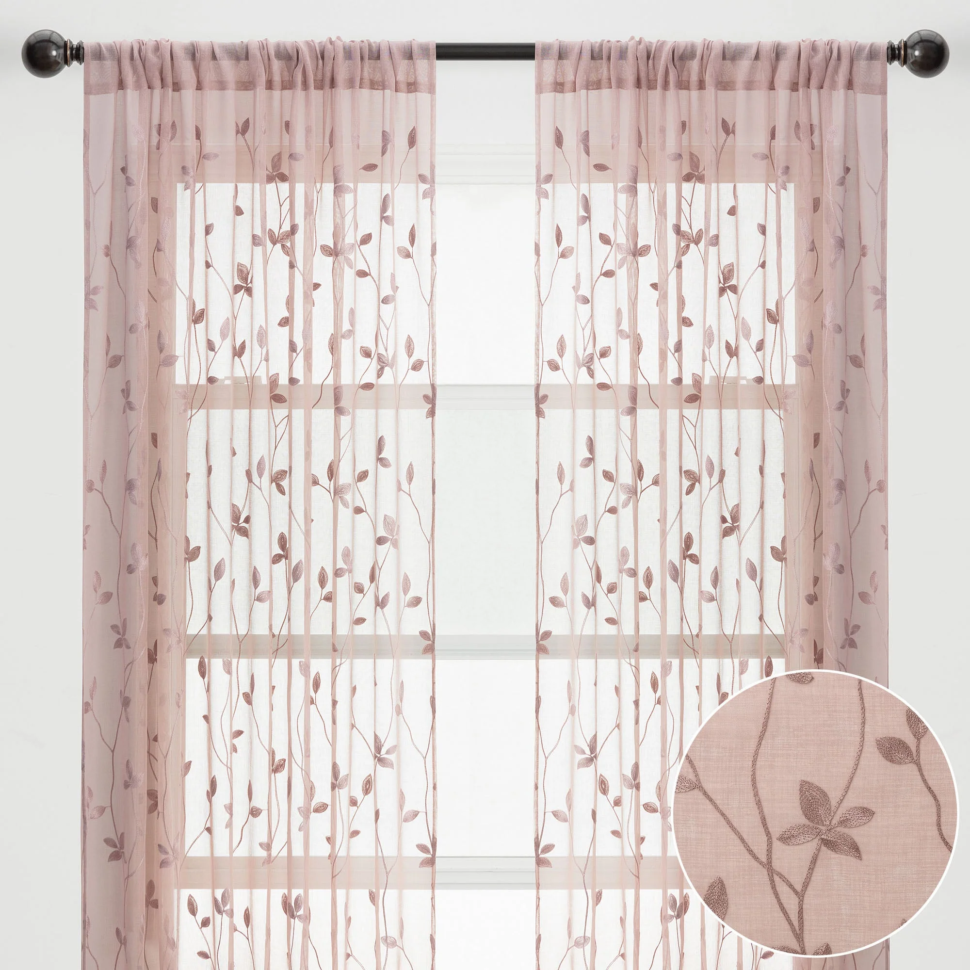 Embroidered Vine Sheer Rod Pocket Curtains